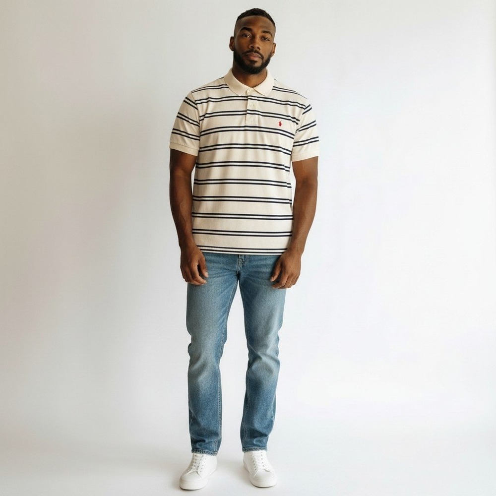 Polo Ralph Lauren Polo XL Cream Navy Striped Pique Cotton Short Sleeve Shirt